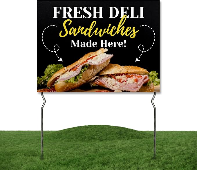 Fresh Deli Sandwiches Made Here! Yard Sign by DC | 24"x18" Double Sided Conv. Store Garden Sign with 13” Metal Stakes | Outdoor Signs Waterproof for Lawn, Patio, Sidewalk & House | Set of 4