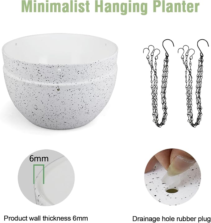 Meowell 12 inch Large Hanging Planters for Indoor Outdoor Plants, 2 Pack Hanging Flower Pots with Drainage Holes and Chain for Garden Porch, Plastic Hanging Baskets for House Plants, Speckled White