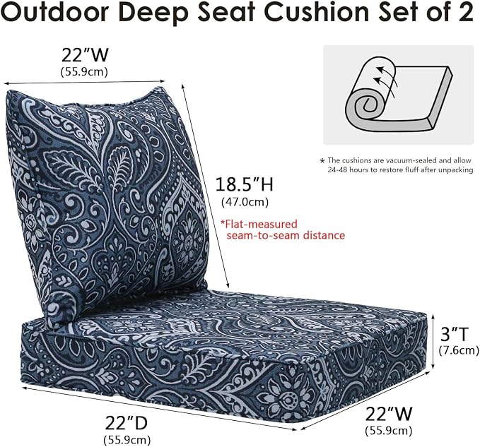 Unimatta Outdoor Patio Chair Cushions Set, 22" x 22", Set of 2, Water-Repellent, Fade Resistant, Deep Seat Bottom and Back Cushion for Backyard, Couch, Sofa and Patio Furniture, Damask Blue Flower
