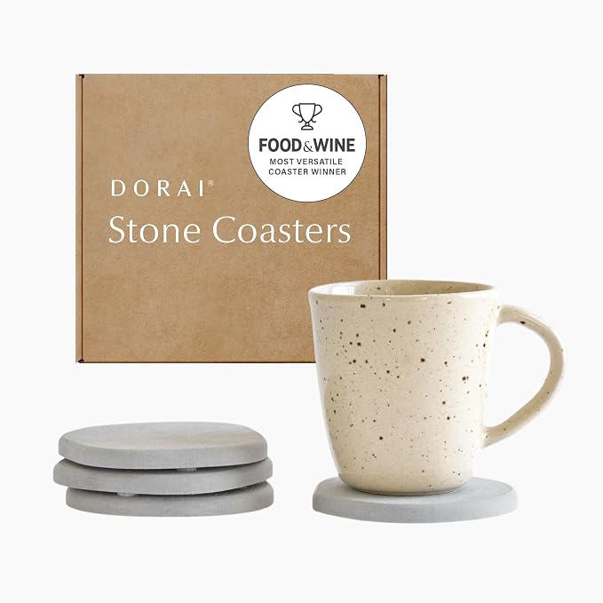 Dorai Home Stone Coasters Set - Diatomaceous Earth Water-Absorbing Drink Coaster for Coffee Table, Kitchen or Bar, Modern Stone Appearance | Ash - Set of 4