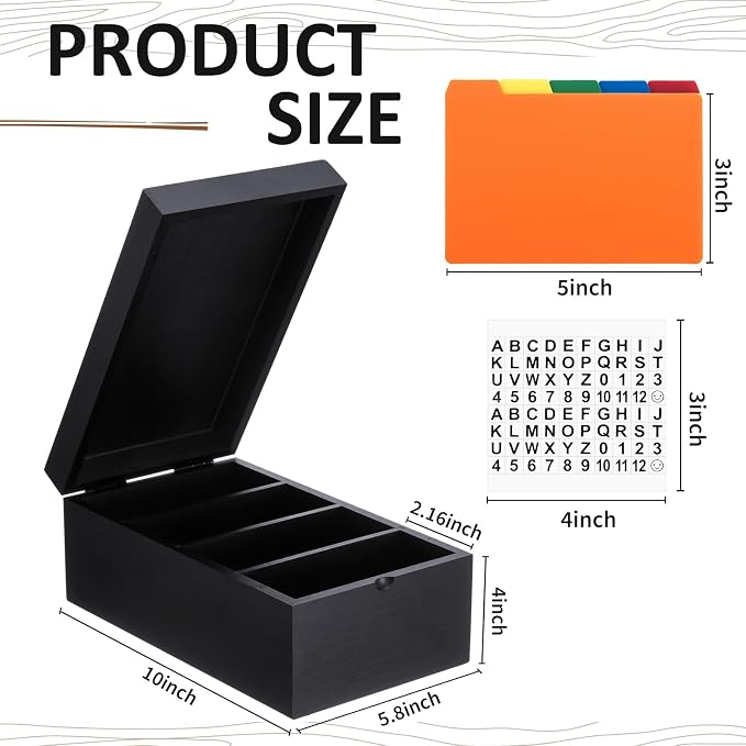 Henoyso 3 x 5 Inch Index Card Holder Set, Bamboo Organizer Box with 50 Dividers & 2 Sheets Alphabet Number Stickers File Note Holders, Holds 1200 Cards for Office Business Home Kitchen, Black