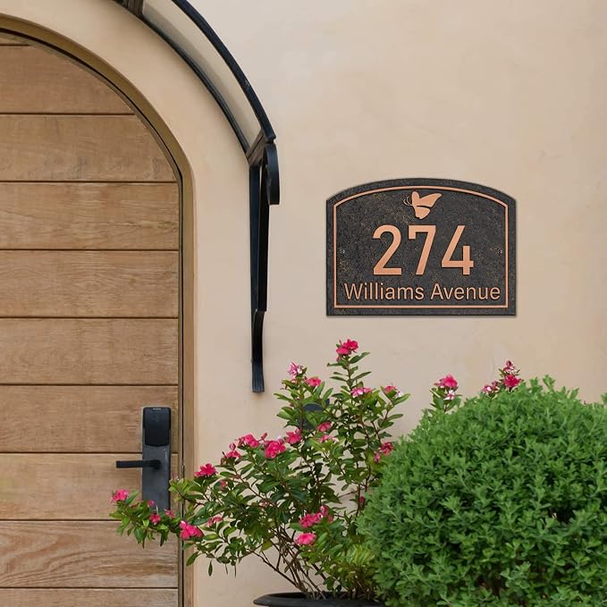 Handcrafted Address Plaque for Yard Outside House Sign, House Number Garden Wall Sign, 911 Visibility Signage, Any Font, 10 x 7 inches (Red Copper)