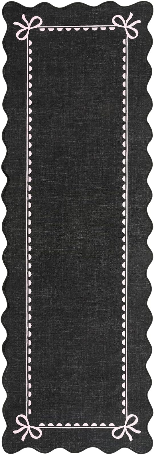 GarveeHome Scalloped Hallway Runner Rug 2.5x10 Non Slip Black Pink Rugs | Washable Bow Rug for Girls Bedroom Dorm Nursery Entyrway Kitchen, Soft Low Pile Ultra-Thin Stain Resistant Indoor Carpet