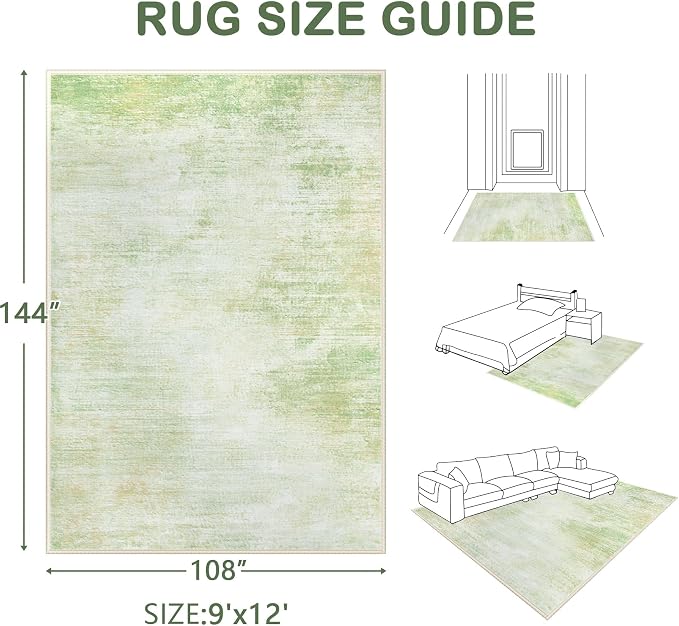 Area Rugs 9x12 Living Room: Washable Rug Modern Abstract Large Rugs Soft Non Slip Neutral Rug Stain Resistant Indoor Carpet for Bedroom Kitchen Dining Room Home Office Rugs(Green,9'x12')