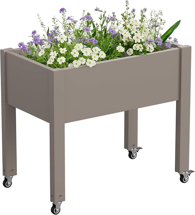 Elevated Raised Garden Bed with Wheels,Planter Box,Gray-26.3" h | Resin Planter Box with Drainage Holes, Water Monitor, Wheels for Garden Patio Backyard