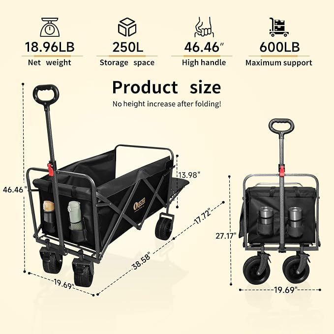 56" Large Collapsible Folding Wagon with Tailgate and Brake, 600LBS Heavy Duty Utility Cart, 250L Large All-Terrain Beach Wagon for Camping Garden Shopping Grocery Sports