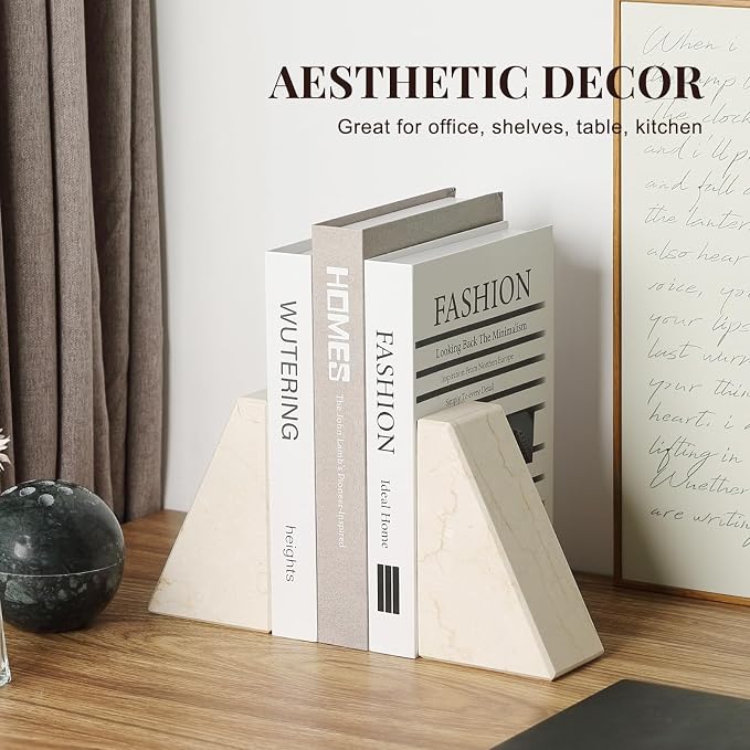 Koville Marble Bookends for Shelves, Large Bookends for Heavy Books, Non-Slip Heavy Duty Book Stopper for CD/Movies, Aesthetic Decorative Bookends for Shelves Table Home Decor(Beige)