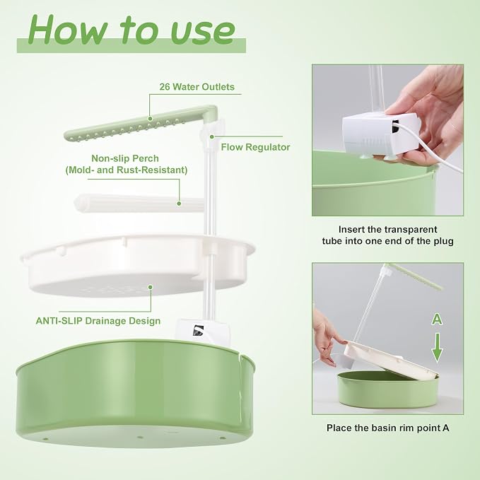 Automatic Parakeet Bird Bath, Easy-to-Use, Fountain Birdbath with USB, for Pet Birds, Cockatiel Lovebird, Green, 1 Set