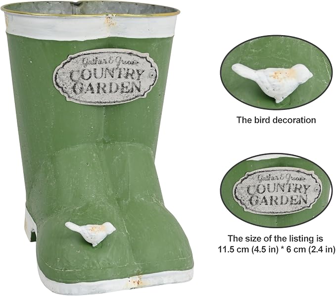 Vintage Green Rain Boot Planter, Country Garden Metal Boot Flower Pot, Rustic Farmhouse Decorative Planter for Indoor Outdoor Succulents, Herbs, Garden & Porch Decor