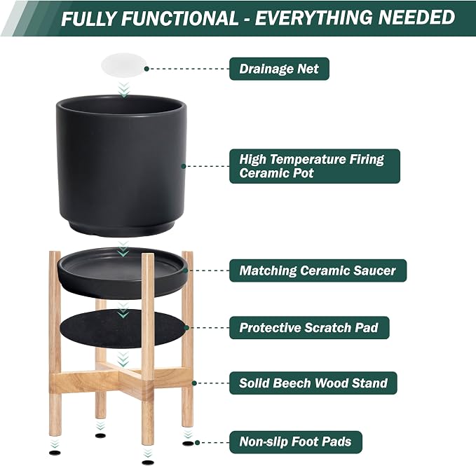 D'vine Dev Ceramic Planter with Natural Stand - 8 Inch Modern Round Flower Pot with Wood Planter Holder, Black, 55-B-N-2