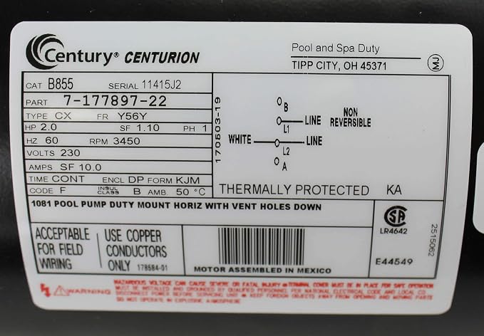Century Electric B855 2-Horsepower 56Y-Frame Up-Rated Square Flange Replacement Motor (Formerly A.O. Smith)