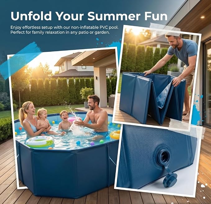 Non-Inflatable PVC Folding Swimming Pool Capacity Outdoor & Indoor Portable Pool for Patio, Garden, Yard, Adult & Family Summer Relaxation (112.59 Inch)