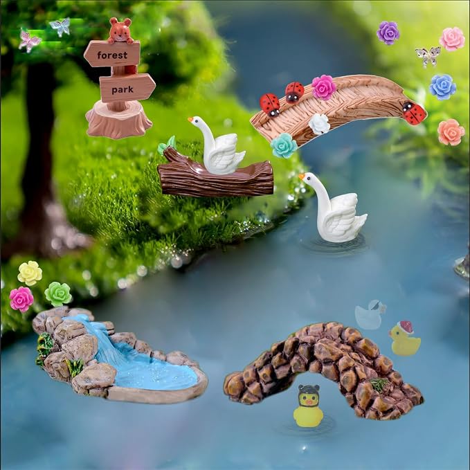 U-Zimikee 45 Pcs Resin Mini Garden Accessories - Miniature Landscape Decorations with Mini Bridge Pond Mountain House Figurines Swan Ladybug Butterfly Flower Figures Bulk for Dollhouse Garden Craft