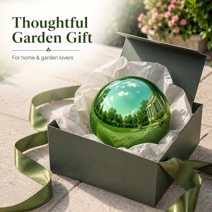 Gazing Ball Garden Mirror Outdoor - 10 Inch Outside Decorative Globe, Green | Metal Polished Reflective Sphere, Stainless Steel Hollow Decoration Ornament for Home Pond Swimming Pool Housewarming Gift