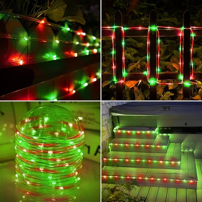 Solar Rope Lights, 33ft 100LED Solar String Lights, 8 Modes Waterproof Solar Outdoor Light, Flexible Clear Trampoline Light for Garden Backyard Patio Deck Porch Pool Tree Decoration - Red & Green