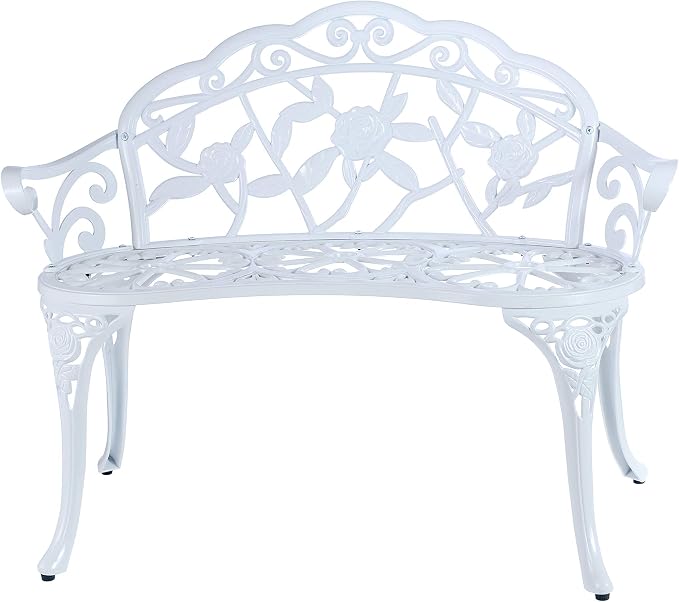 Mandolin Outdoor Park Garden Chair,All Chair Anti Rust Cast Aluminum Patio Yard Bench,Carved Rose Loveseat Bench for Backyard .Porch.Balcony.Lawn (White with Cushion)