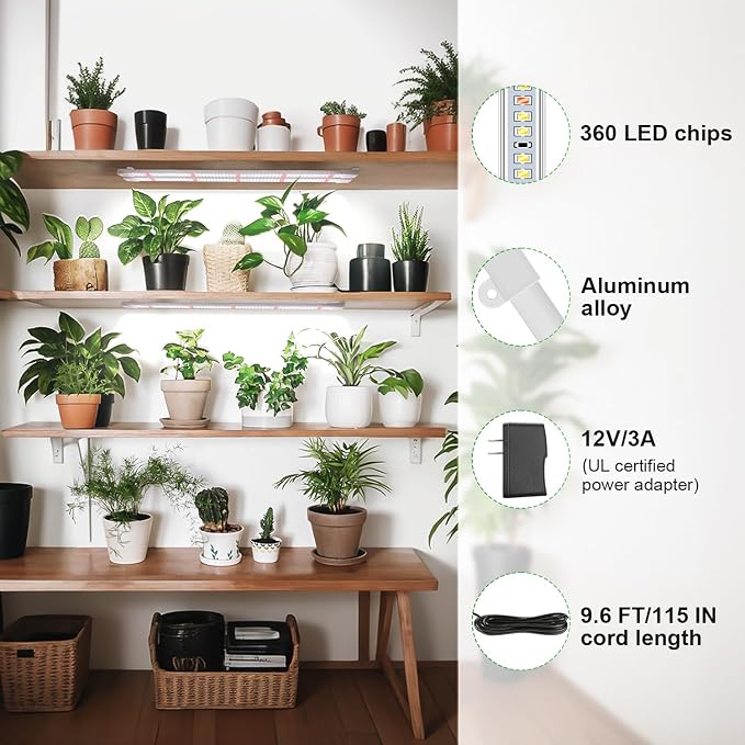Wiaxulay 16in Grow Light Strip for Indoor Plants Seed Starting, 2 Pack | 6 Bars with 360 LEDs Full Spectrum Plant Lights, Auto Timer 6/12/16 Hrs, 3 Lighting Modes, 5 Dimmable Levels