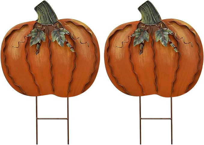 17" H Metal Pumpkin Yard Stake - Outdoor Fall Decor Rustic Garden Stake - Autumn Yard Sign Lawn Ornaments for Porch Home Patio Harvest Thanksgiving Halloween Decorations