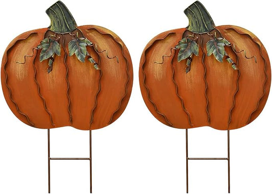 17" H Metal Pumpkin Yard Stake - Outdoor Fall Decor Rustic Garden Stake - Autumn Yard Sign Lawn Ornaments for Porch Home Patio Harvest Thanksgiving Halloween Decorations