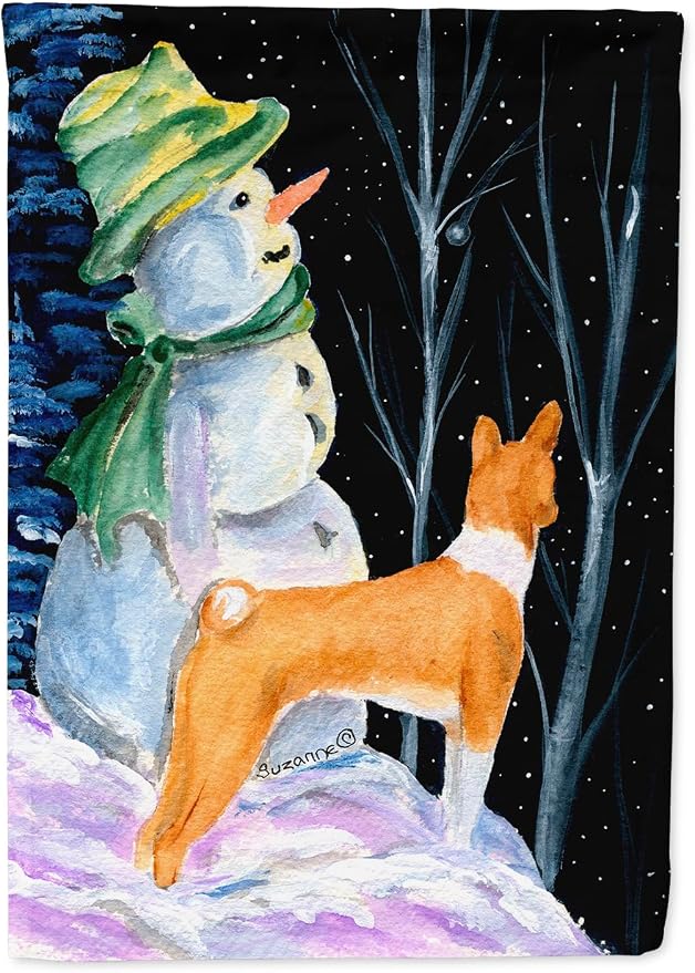 Caroline's Treasures SS8556GF Snowman with Basenji Garden Flag Mailbox Flag Decorative Yard Flag Banner Outside Patio Artwork Yard Flower Beds, Garden Size, Multicolor