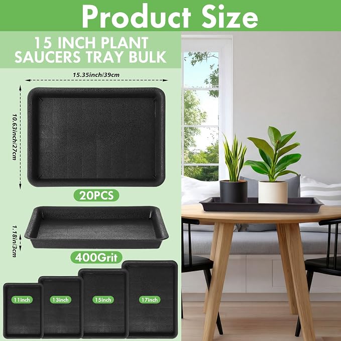 Gejoy 20 Pack 15 Inch Rectangular Plastic Plant Saucers Tray Bulk Heavy Plastic Plant Drip Tray Flower Pot Trays for Indoor Outdoor Anti-Slip Saucer for Garden Potted Water Drips and Soil