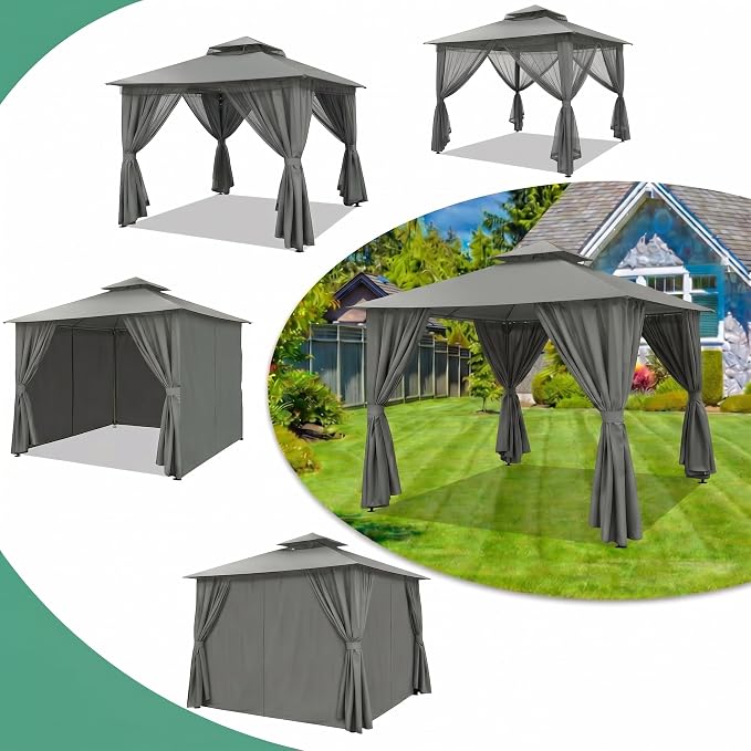 COBIZI 10x10 Gazebo with Double Roof & Mosquito Netting Outdoor Heavy-Duty Party Tent, Patio Tent with Zipper Screens - Backyard Garden Lawn Shelter Includes Wind Ropes Expansion Bolts, Grey