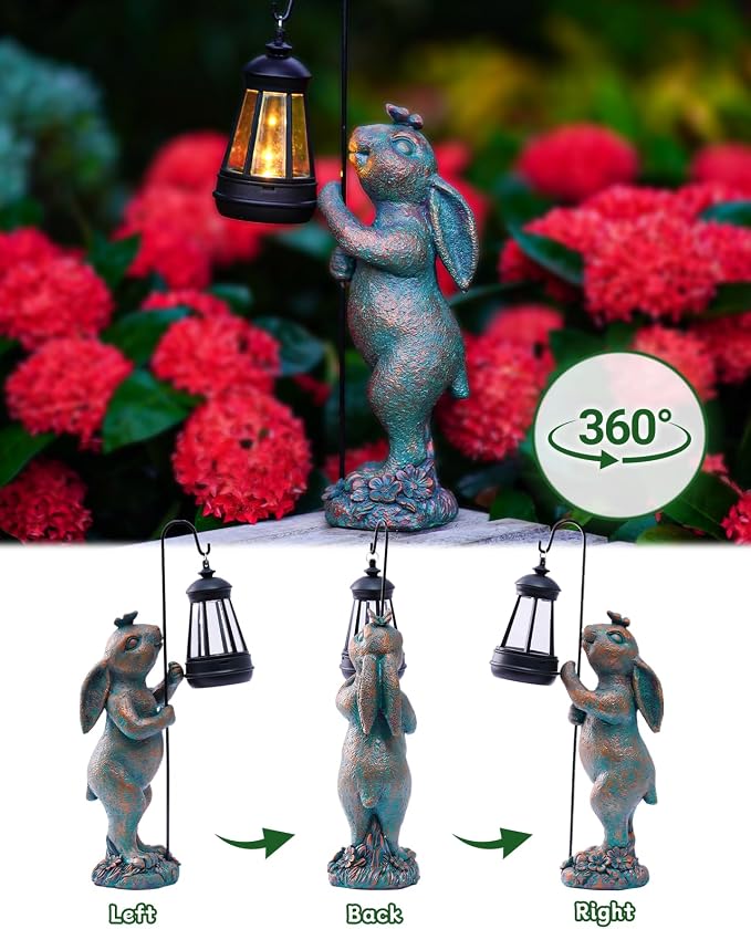 Pohabery Garden Statues Outdoor Bunny with Solar Lantern – Rabbit Yard Decor, Waterproof Resin Figurine Pathway Light for Easter Housewarming Gifts for Lawn & Patio