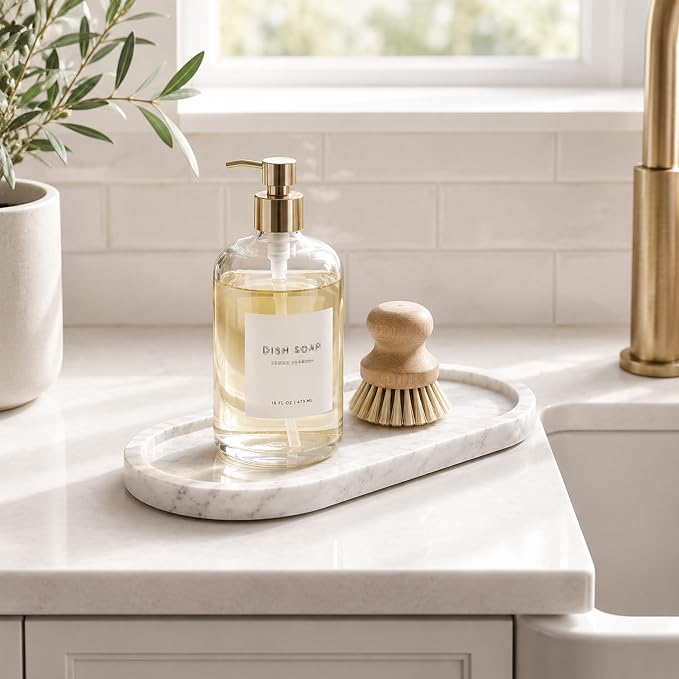 Natural Marble Vanity Tray Waterproof Italy Stone Bathroom Organizer for Perfume, Candles & Jewelry Non-Slip Oval Storage Tray for Spa, Bedroom, Kitchen 9.8" x 4.5" White (BH101)