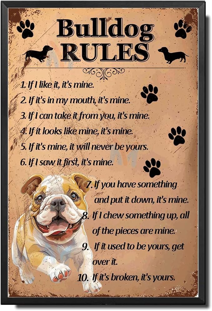 Metal Sign Tin Sign Vintage Wall Art Bulldog Rules Boho Office Decor for Bar 12×16 Inches with Metal Frame