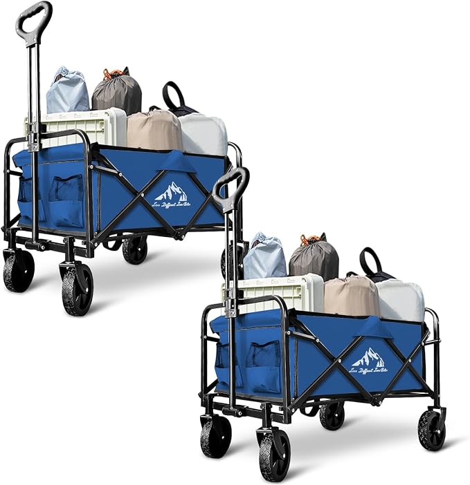 Collapsible Utility Cart Folding Wagon, 320lbs Capacity Lightweight Rolling Cart with Quiet Wheels, Quick-Fold Design for Camping, Shopping, Ourdoor Use, Blue 2PCS
