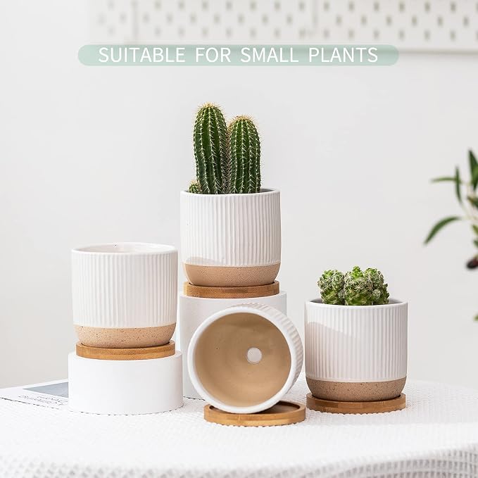 4" White Ceramic Plant Pots with Drainage Holes & Trays Set of 4 | Modern Small Minimalist Flower Planter Pot with Saucers for Indoor Plants, Succulent, Snake Plants, Cactus & Herbs