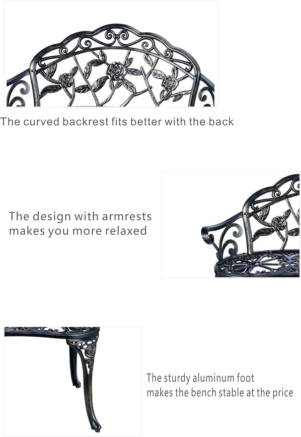 Patio Balcony Bench Double Seat, Anti-Rust Cast Aluminum Patio Garden Bench for Park Yard Outdoor Furniture Copper.1
