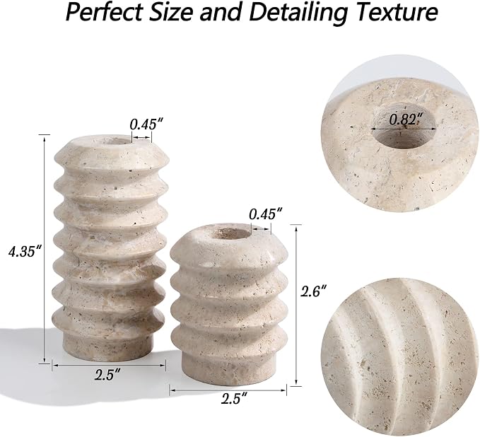 HofferRuffer Travertine Candlestick Holders, Set of 2 Natural Stone Candle Holder Decorative Candle Stands for Wedding, Dinning, Party, Table Centerpieces, Fits 3/4'' Thick Candles (Cream White)