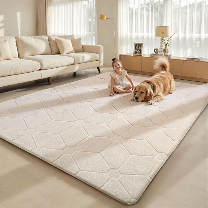 Sour Lemon 5x7 Area Rugs for Living Room, Soft Carpet Geometric White Rug | Washable, Alfombra Para Salas Modernas, Non Slip Big Soft Thick Fluffy Plush, Memory foam Rug for Playroom Kids Room