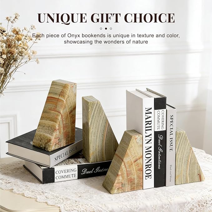 Koville Onyx Bookends, Marble Bookends for Shelves, Natural Stone Book Ends for Heavy Books, Decorative Bookends for Bookshelf Table Home Decor, Heavy Duty bookend for Large Books(Green)