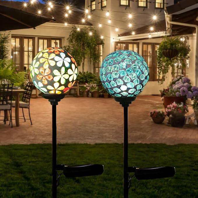 VCUTEKA Decorative Solar Garden Lights, 3.5" Mosaic Globe Stake 2 Pack | Mosaic Glass Design, Solar LED Light, Weather Resistant, Auto On/Off and Metal Stake Design for Lawn and Patio