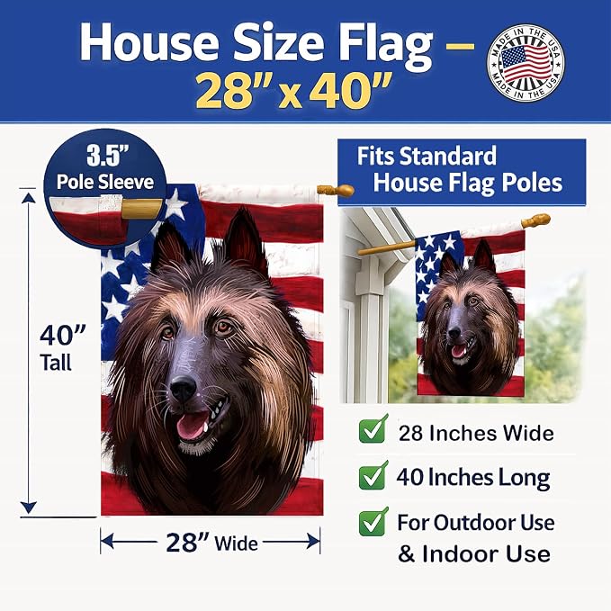 Caroline's Treasures CK6429CHF Belgian Tervuren American Flag House Flag Large Porch Sleeve Pole Decorative Outside Yard Banner Artwork Wall Hanging, Polyester, House Size, Multicolor