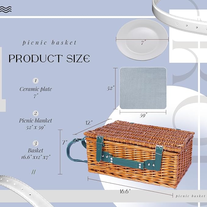 Picnic Basket Set for 4 with Waterproof Blanket Mat Insulation Bag Wicker Green Plaid Classic Cottagecore Gift for Christmas Thanksgiving Wedding Birthday Camp Outdoor Beach Travel