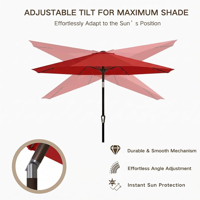 Kingdura 9FT Outdoor Patio Umbrella with Solar Lights, Market Table Umbrella with Push Button Tilt & Crank, 8 Sturdy Ribs, 32 LED Lights, UV Protection for Garden Lawn Deck Backyard Pool (Red)