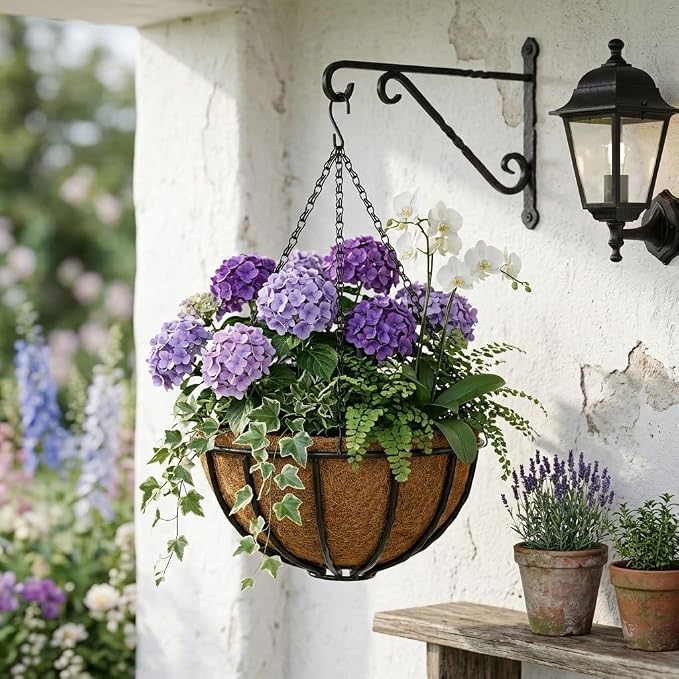 12 Inch Metal Hanging Basket with Coco Coir Liner for Flowers Planting, 2 Pack Hanging Baskets for Plants Outdoor, Round Wire Twisted Planters with Chain for Home Patio Porch Balcony Garden Decor