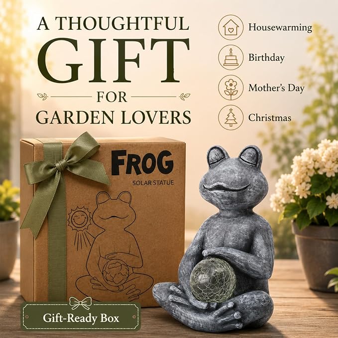 Solar Meditating Yoga Frog Statue 6.8L x 9.65H | Zen Garden Figurines for Home and Garden Decor, Frog Decorations Gift Ideas, Gifts for Women Mom