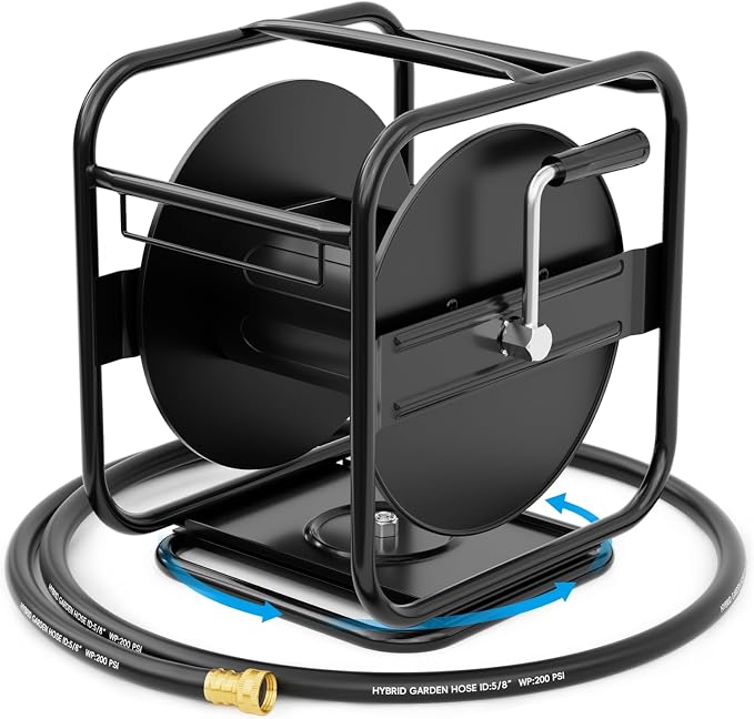 SPECILITE Metal Heavy Duty Garden Hose Reel, 360° Rotation Frame, 65-90 Ft of Hose Storage Capacity, Stable and Portable Wall/Floor Mount Water Pipe Spool, Black