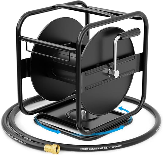 SPECILITE Metal Heavy Duty Garden Hose Reel, 360° Rotation Frame, 65-90 Ft of Hose Storage Capacity, Stable and Portable Wall/Floor Mount Water Pipe Spool, Black
