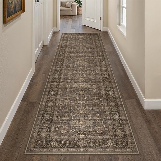 2'6x12 Dark Brown Vintage Runner Rug | Washable, Non Slip, Soft Low Pile, Traditional Farmhouse, for Hallway Kitchen Laundry Bathroom Bedroom