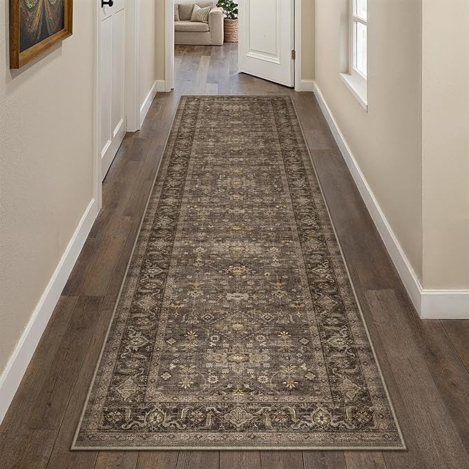2x5 Dark Brown Vintage Runner Rug | Washable, Non Slip, Soft Low Pile, Traditional Farmhouse, for Hallway Kitchen Laundry Bathroom Bedroom