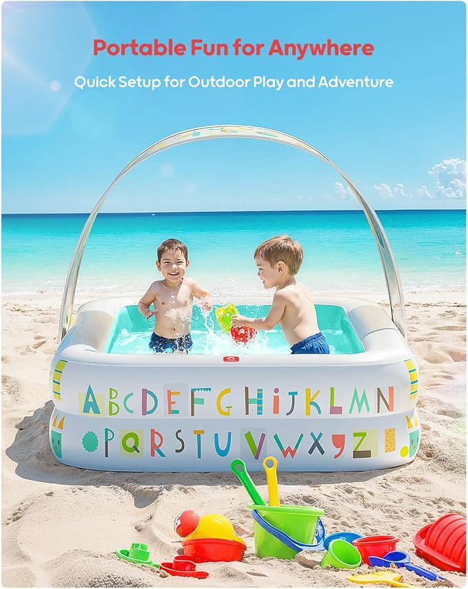 QPAU Baby Pool with Canopy, Inflatable Design, 65 x 39 in, Green | Inflatable Design with Soft Cushioned Floor, Converts to a Ball Pit for Kids and Toddlers, for Indoor and Backyard Play