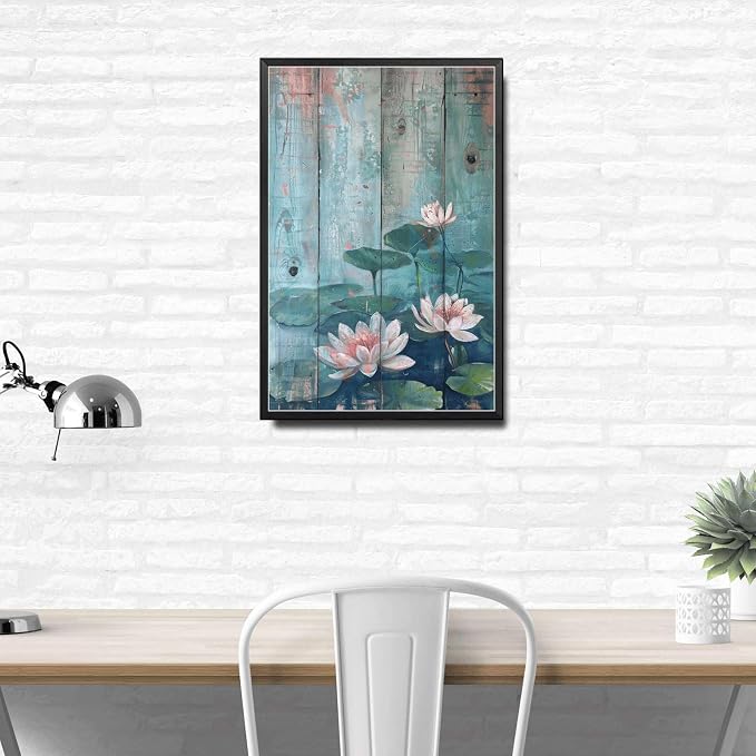Metal Sign Tin Sign Vintage Wall Art Shabby Chic Water Lilies Tin Sign for Vintage Pond Tranquility Rustic Wall Art and Distressed Woo Funny Sign for Home Decor 6×8 Inches with Metal Frame