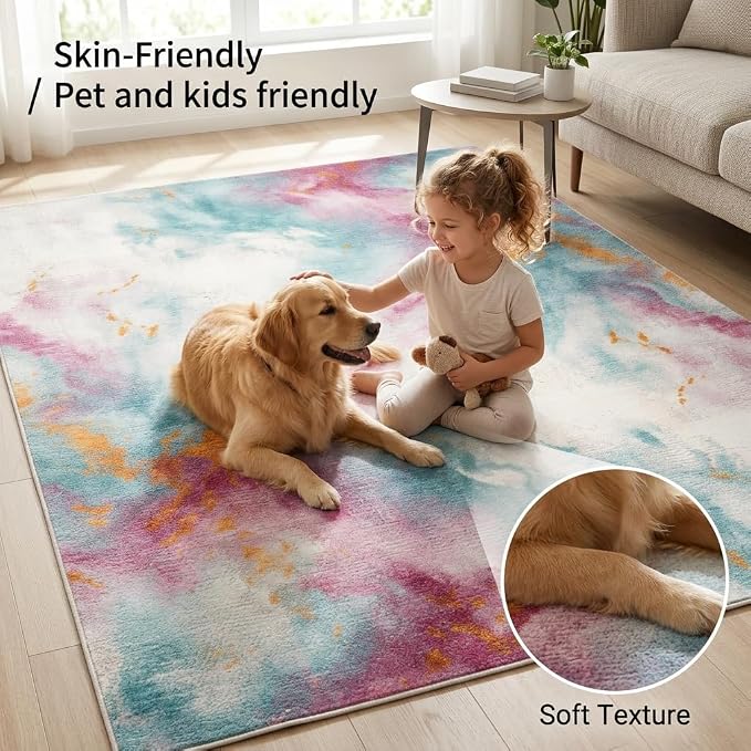 5x7 Pink and Blue Modern Abstract Watercolor Area Rug | Faux cashmere low-pile, washable non-slip foldable rug for living rooms, bedrooms and dining rooms.