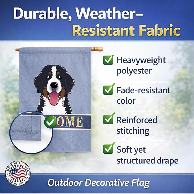 Caroline's Treasures BB1423CHF Bernese Mountain Dog Welcome House Flag, Blue Large Porch Sleeve Pole Decorative Outside Yard Banner Artwork Wall Hanging, Polyester, House Size, Multicolor