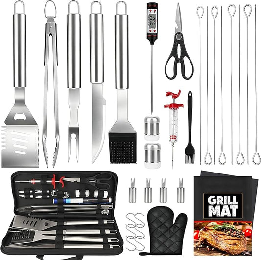 32PCS Grill Accessories Set Grilling Gifts for Men, 16 Inches Heavy Duty BBQ Accessories, Stainless Steel Grill Utensils Set with Thermometer, Grill Tools for Backyard Camping for Men Women - Sliver